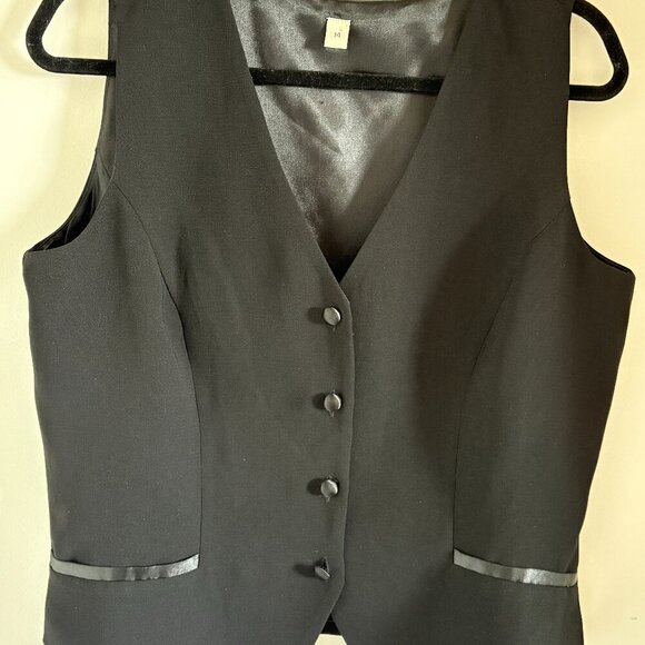 Suit Vest Casual Slim Sleeveless Black Short 4 Buttons with Satin Details Sz 14 - Picture 2 of 6